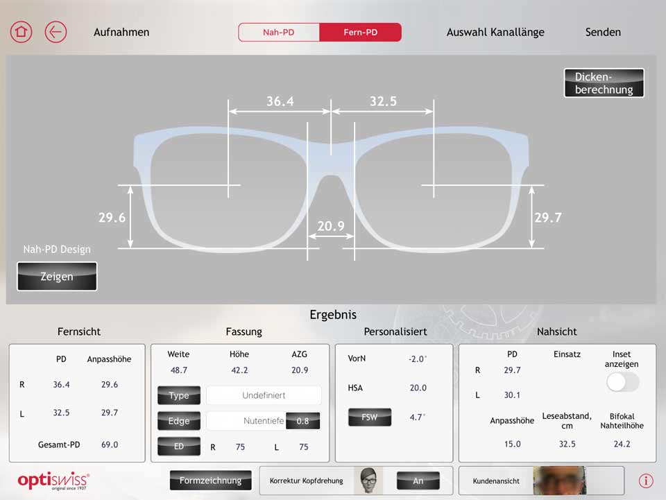 Messung der Zentrierwerte Auge und Brillenfassung.
